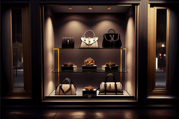 luxury parisian shopfront with fashion accessories in boutique window display, luxury, fashion, over