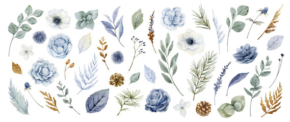 Wall Mural - Watercolor set of dusty blue flowers, branches and leaves..Perfect for wedding invitation, postcard, scrapbooking, sticker, packaging, greeting.cards, textiles.