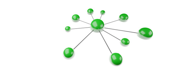 3D illustration of connected green dots or spheres, teamwork business cooperation or group network concept isolated on white background