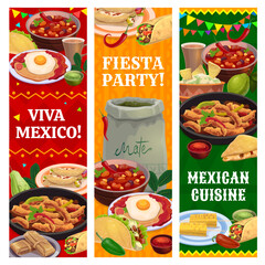 Wall Mural - Mexican cuisine meals, drinks, fruits and snacks vertical banners. Tex Mex fast food, Mexico restaurant menu meals and fiesta party vector background with fajitas, tacos and burrito, tamales, mate tea