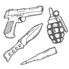 Wall Mural - Hand drawn weapons doodle set in vector. Hand grenade, gun, army knife and bullet.