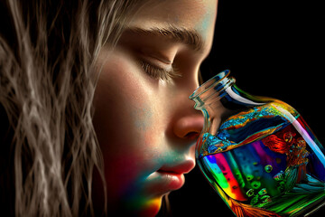 Young child with glass bottle full of rainbow ethereal liquid. Generative AI, this image is not based on any original image, character or person.