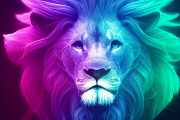 Lion head in bright neon acid colors. Digital illustration