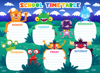 Wall Mural - Education timetable schedule monster characters. Vector school weekly planner template with cartoon aliens and funny mutant personages. Kids time table, lessons organizer frame, list for classes