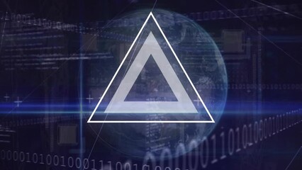 Wall Mural - animation of shapes, binary codes, computer language and connected dots over globe in background