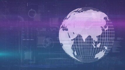 Wall Mural - animation of globe over radar, loading lines, lens flares soundwave and moving lines around square