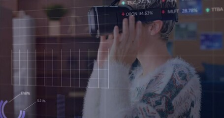 Poster - Animation of financial data processing over woman wearing vr headset