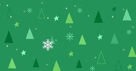 Wall Mural - Image of green christmas tree pattern with snowflakes