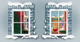 Image of snow falling and windows over houses and winter landscape at christmas
