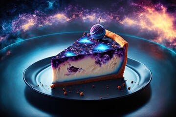 Wall Mural - Blueberry cheese cake. Cosmic universe as a background. Generative AI