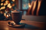 Hot coffee in the cafe at Christmas time with beautiful golden bokeh. Generative AI.