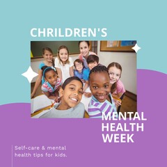 Sticker - Composition of children's mental health week text and school children smiling