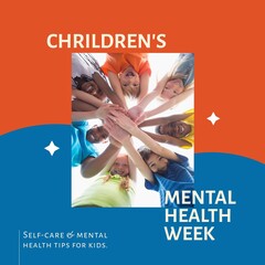 Wall Mural - Composition of children's mental health week text and children smiling and stacking hands