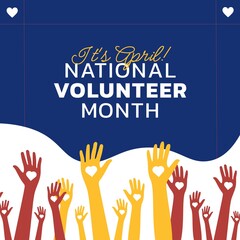 Wall Mural - Composition of national volunteer month text over red and yellow hands with hearts