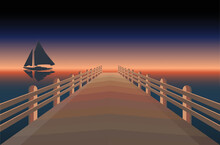 Vector Art With Dock And A Boat On A Lake In A Sunset