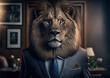 Fearless businessman concept, with handsome lion looking confident in a classical suit