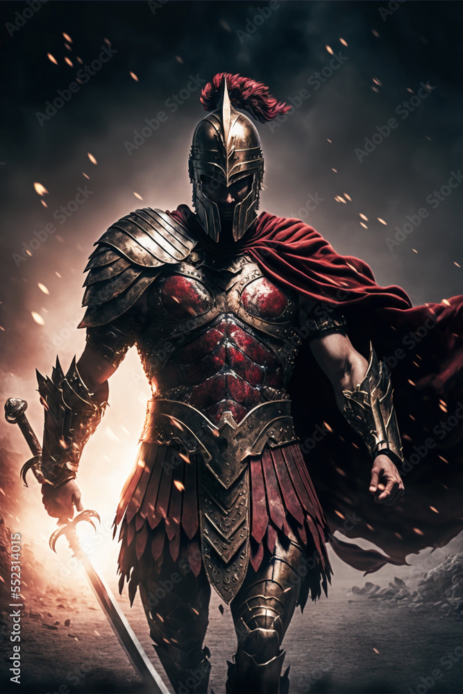 A Spartan warrior with a sword in hand, raging, standing on a ...