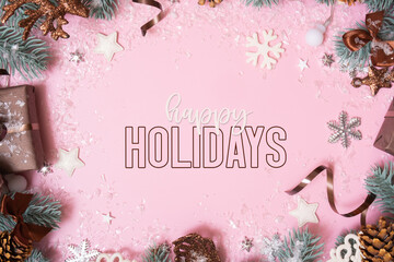 Wall Mural - Happy Holidays text and winter decoration on colored background. Winter holidays greeting card
