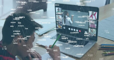 Canvas Print - Animation of network of icons and data processing over schoolboy and online schooling on laptop