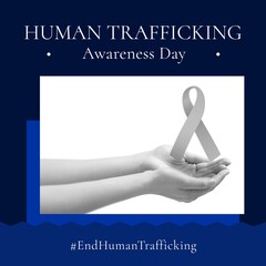 Human trafficking awareness day over navy background, ribbon and hands