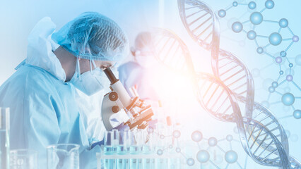 Wall Mural - research and developement concept background scientist or reseacher using microscope in biotechnolog