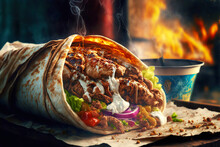 Turkish Fast Food Doner Shawarma With Chicken Salad And Tomatoes In Tortilla Sauce