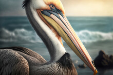 Image Of A Stunning Pelican Taken Up Close On The Shore Generative AI