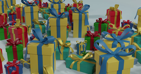 Image of multi coloured christmas presents with ribbons over grey background