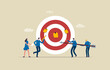 Strategies for teams to work toward the same goal. Improve teamwork collaboration in the workplace. Business team standing at dart board target. Illustration