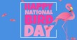 Illustration of happy national bird day text in frame with flamingo and feathers on blue background