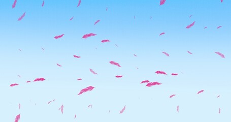 Digital composite of purple feathers flying against clear blue sky, copy space