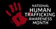 Illustration of red handprint with national human trafficking awareness month text, copy space