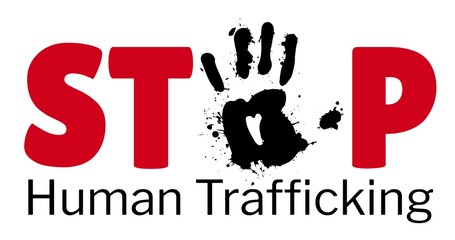Wall Mural - illustration of stop human trafficking text with black handprint against white background