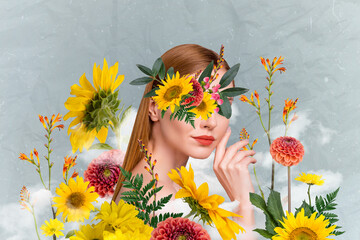 Wall Mural - Creative photo 3d collage poster postcard picture of young attractive pretty girl stand among flowers isolated on painting background