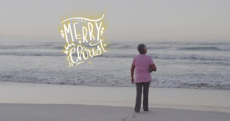 Sticker - Animation of christmas greetings text over biracial woman on beach