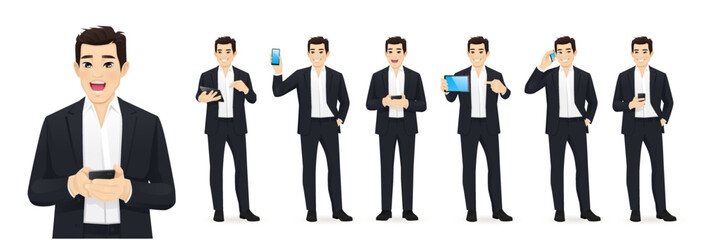handsome asian business young man in black suit with gadgets phone and tablet set isolated vector il