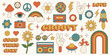 Retro Groovy 70s stickers set. Vintage hippy style collection.