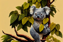 Koala Bear On A Tree In The Wild. Bear On A Green Background In The Forest. Illustration For Advertising, Cartoons, Games, Print Media. My Collection Of Animals.