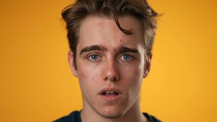 Closeup portrait of sad, unhappy, angry, upset, frustrated, young man 20s isolated on yellow color background in studio. Sincere emotions lifestyle concept