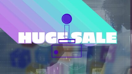 Poster - Animation of huge sale text and gamepad icon with data processing over diverse business people