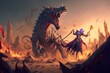 wizard stand confront dragon prepares to fight. Fantasy scenery. Generative AI