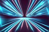 Fototapeta Przestrzenne - Speed motion on the neon glowing road at dark. Blue lights on the perspective road. Abstract colored light streaks acceleration. Perspective space gates image created with Generative AI technology.