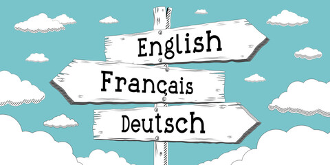 Wall Mural - English, French, German - outline signpost with three arrows