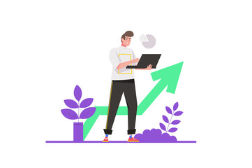 Wall Mural - sales performance concept in flat design. happy man analyzes data and profit growth, does market res