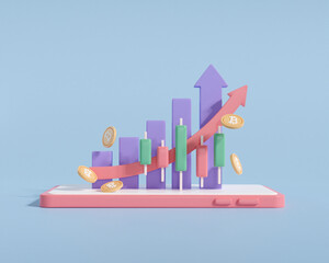Wall Mural - 3d render business investment graph growth on smartphone. arrow increase statistic trading with coin money. financial stock digital achievement. finance index rising. 3d rendering illustration.