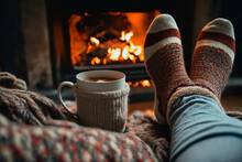 Realistic Cozy Scene In Front Of A Fireplace. There Is A Lit Tree Outside The Window. We Can See The Feet Of A Person Propped Up In Fuzzy Socks. There Is A Candle And Cup Of Coffee, Tea, Or Cocoa