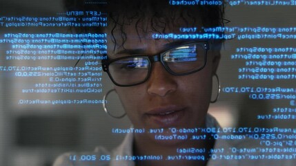 

Lateral Dolly Focused Young African American Software Developer or Engineer  Working on Computer, Line of Program Code Projected on His Face. Augmented Reality Machine Learning Data Algorithm.
