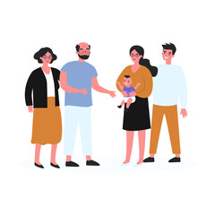 Wall Mural - Happy parents showing newborn to grandparents. Baby, grandpa, grandma flat vector illustration. Family and parenthood concept for banner, website design or landing web page