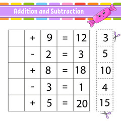 Wall Mural - Addition and subtraction. Task for kids. Cut and paste. Education developing worksheet. Activity page. Game for children. Funny character. Isolated vector illustration. cartoon style.