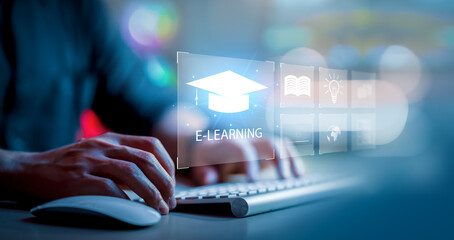 Fototapete - Education Distance E-learning Online Learning Personal development concept. Digital courses to develop new skills. webinar on internet for personal development and professional qualifications. course,